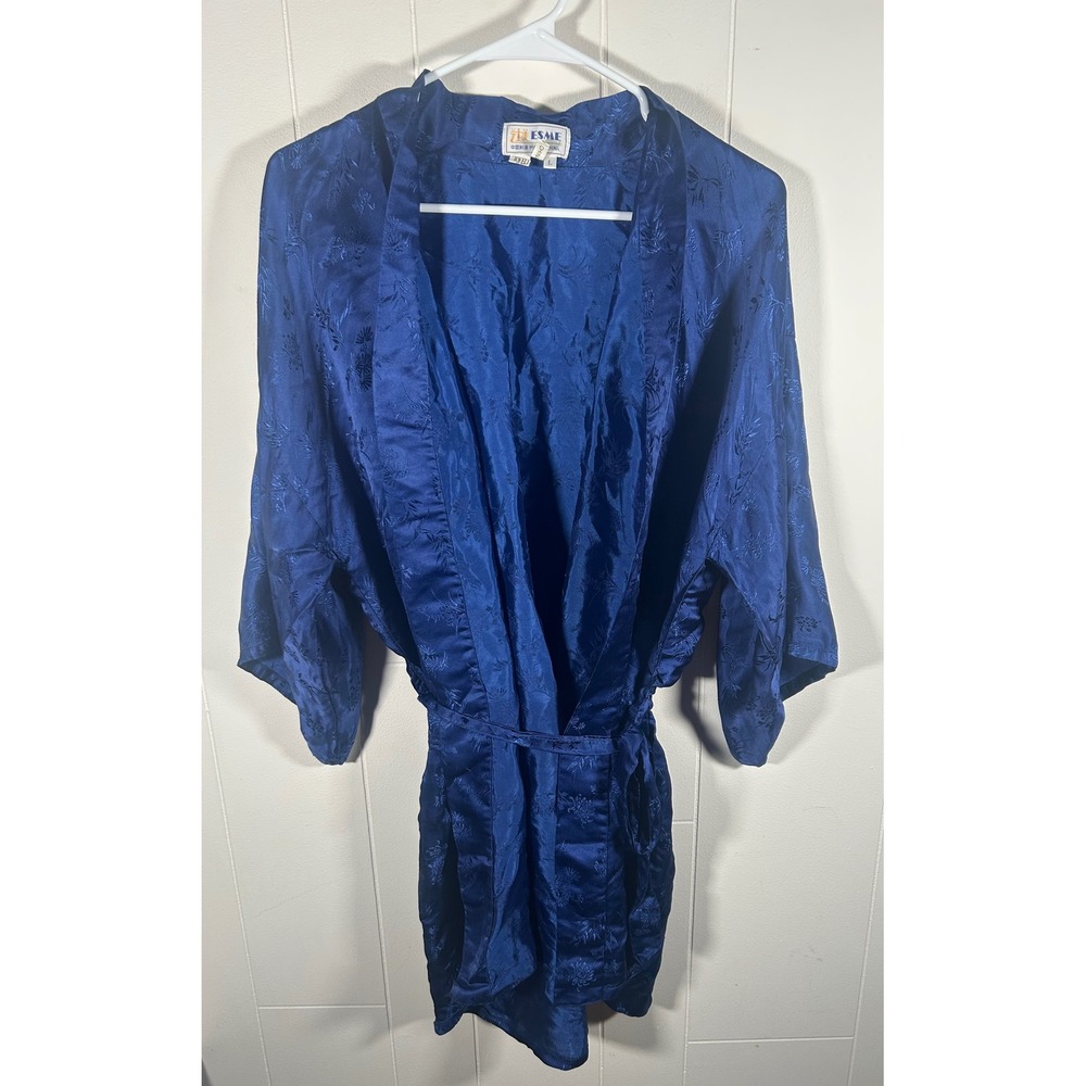 Esme Vintage Royal Blue 100% Silk Floral Jacquard Kimono Robe Large